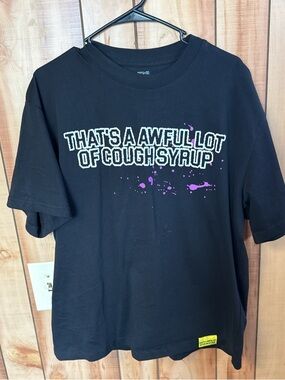 Black Short-Sleeve Graphic Tee with White Text and Purple Detail